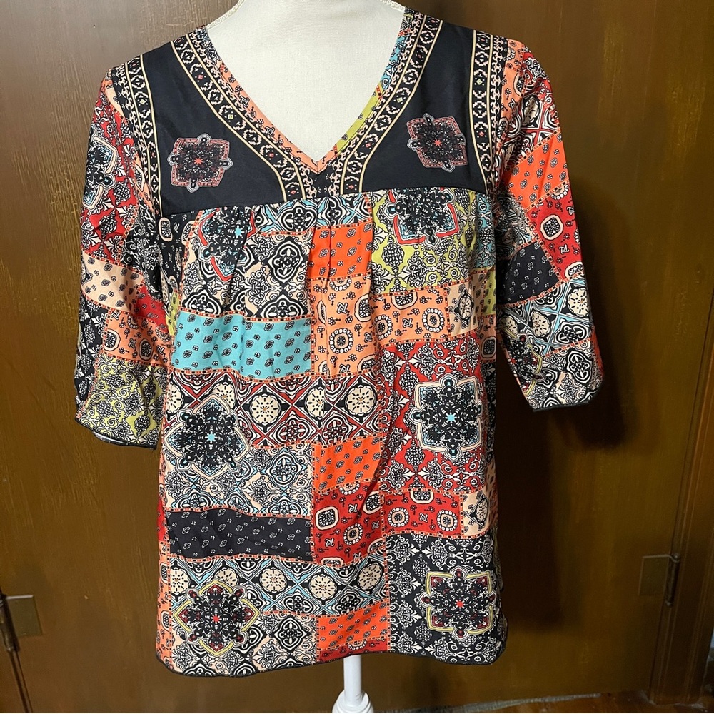 SHEIN Colorful Patchwork V-Neck Blouse